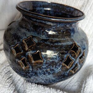 Studio Art Pottery Glazed Cut Out Tea Light Candle Holder Signed Phyllis